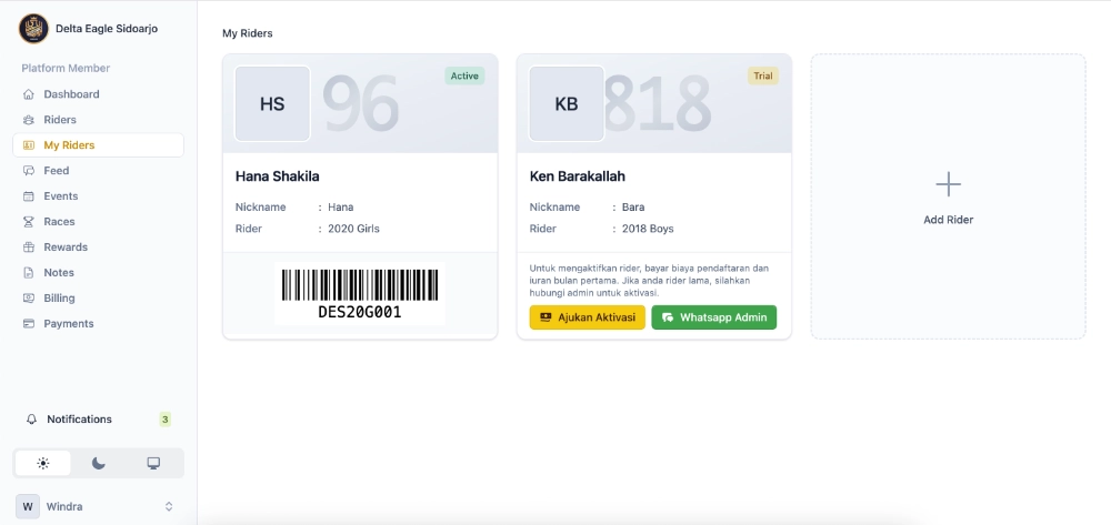 My Riders — teks aktivasi di kartu