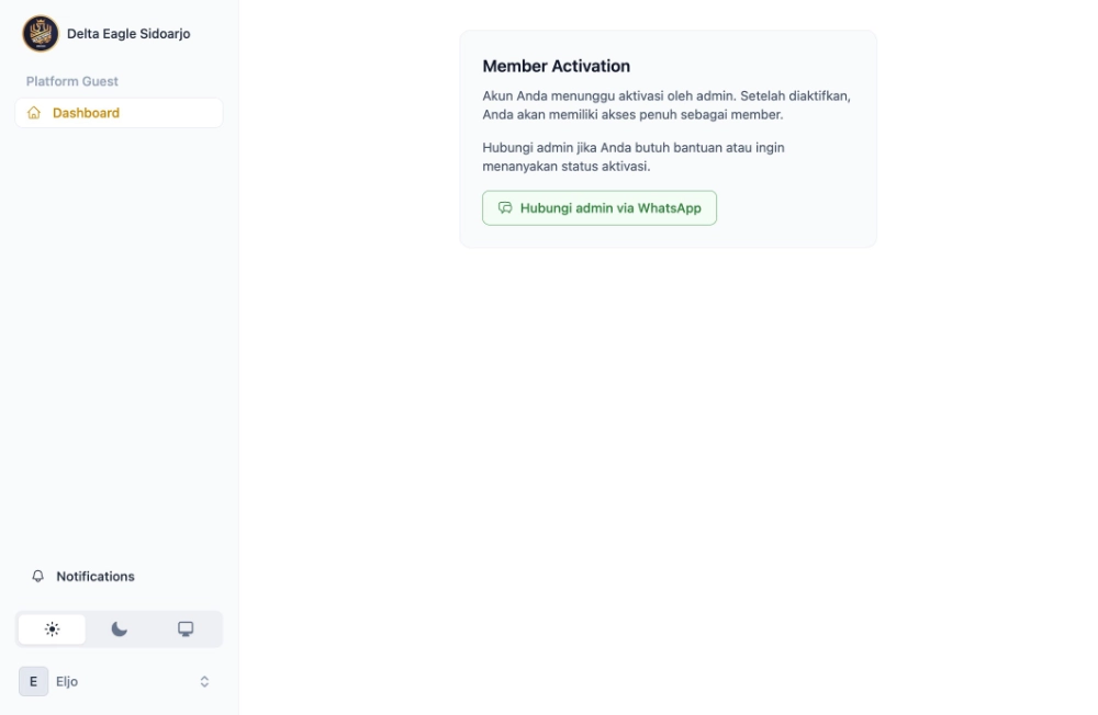 Registrasi — dashboard pertama kali / Member Activation